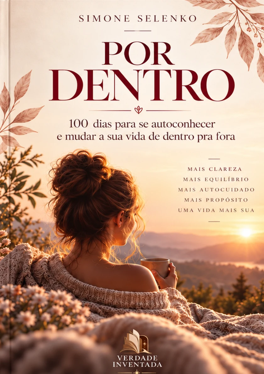 Capa aprovada do POR DENTRO, com uma mulher contemplando o pôr do sol, por Simone Selenko